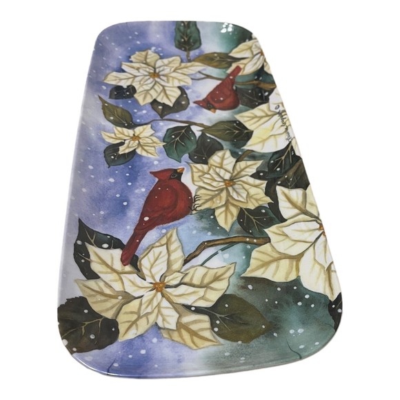 Beautiful Merritt Melamine Holiday Serving Tray Snow White Floral Cardinals 15" - Picture 3 of 6